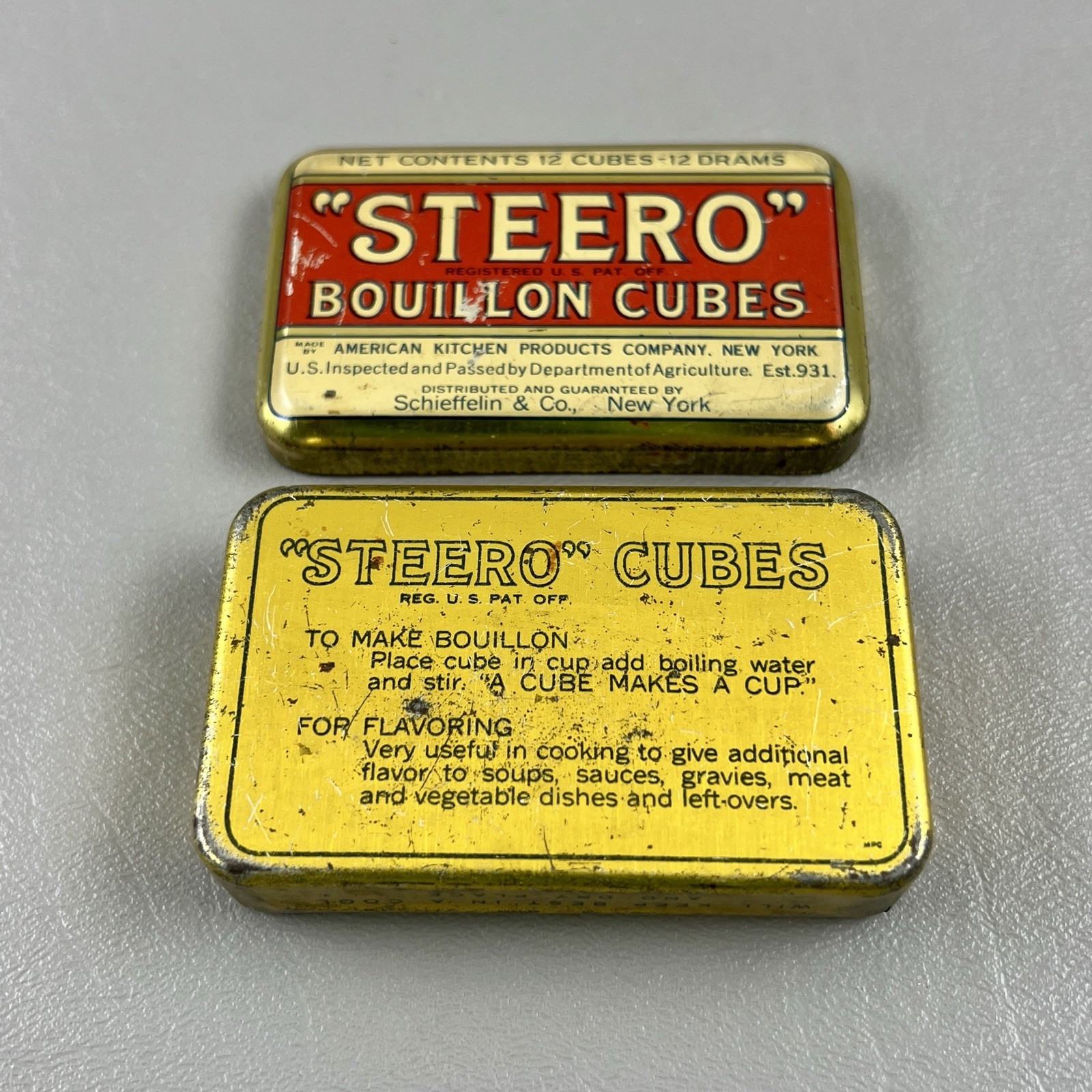 Vintage Steero Boullion Cubes EMPTY Gold Red Tin 3″ Schieffelin Co New York