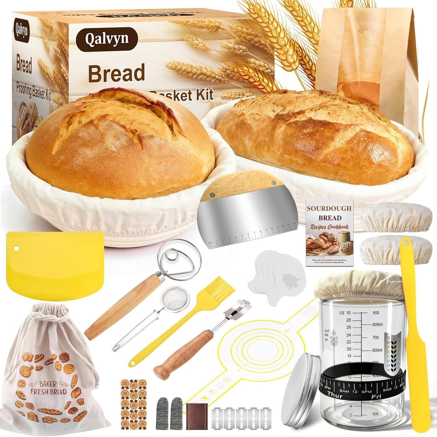 Sourdough Starter Kit,Sourdough Bread Baking Supplies, 9″ Round and 10″ Oval Ban