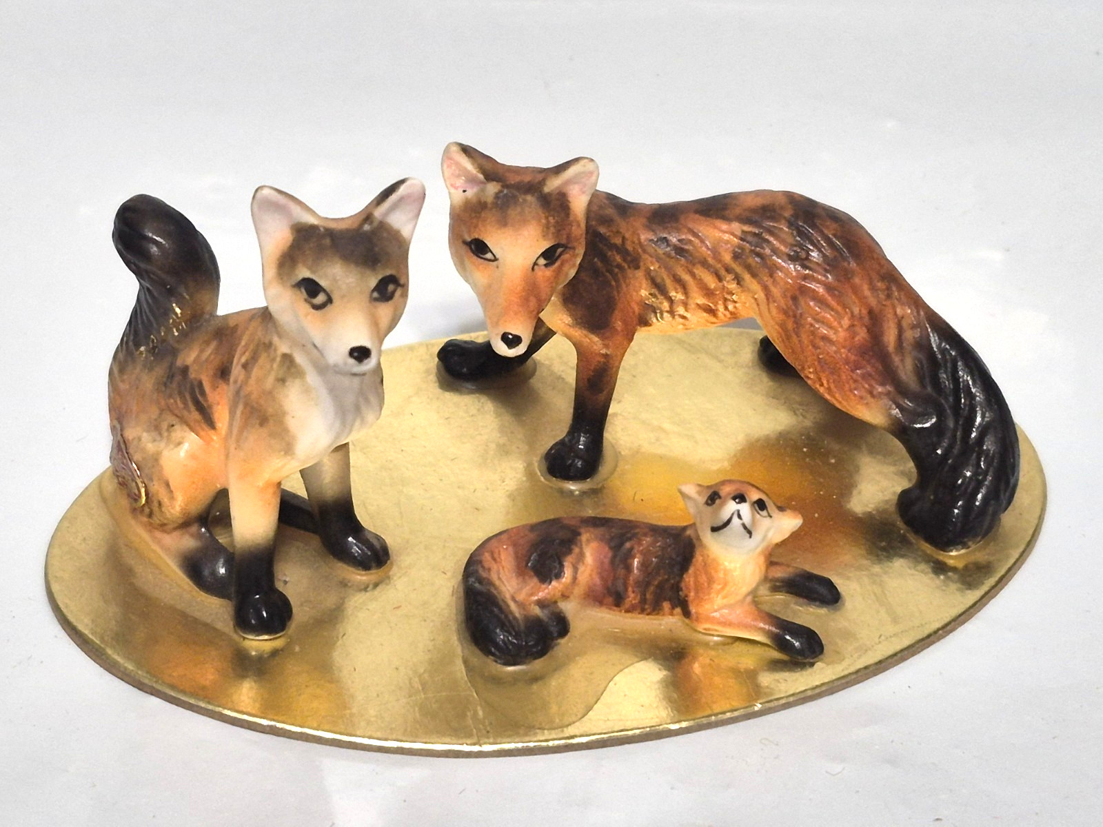 Vintage RARE BRALLEY Bone China Fox Family Figures on gold cardboard base, Japan