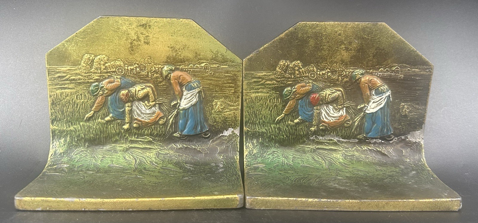 Antique Bookends Kronheim & Oldenbusch Polychrome Spelter Women Field Gleaners