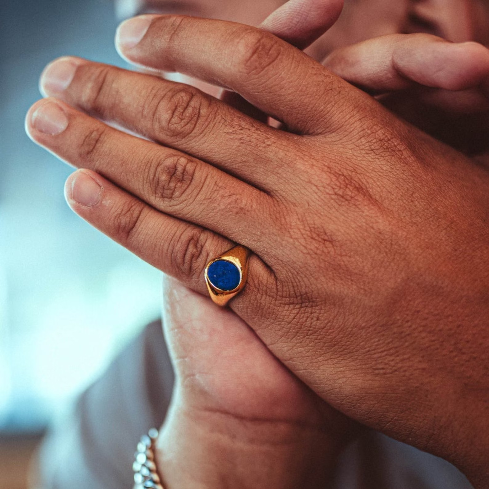 Men’s 18K Yellow Gold Over Oval Blue Lapis Lazuli Gemstone Pinky Signet Ring