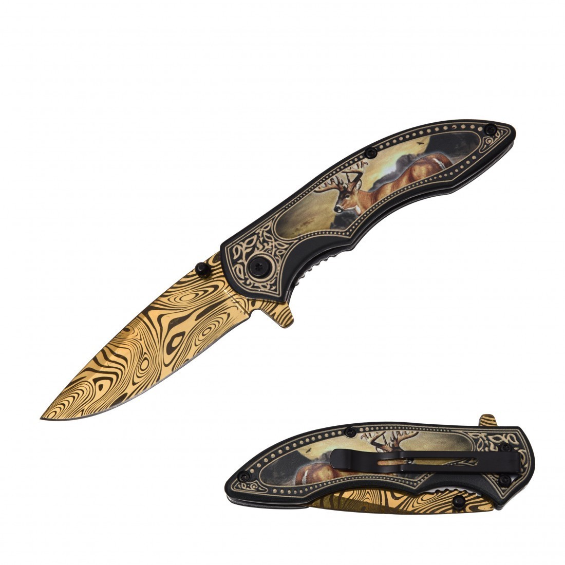 4.5″ Folding Knife Fancy Deer Theme Handle Faux Damascus Gold Blade Pocket Clip
