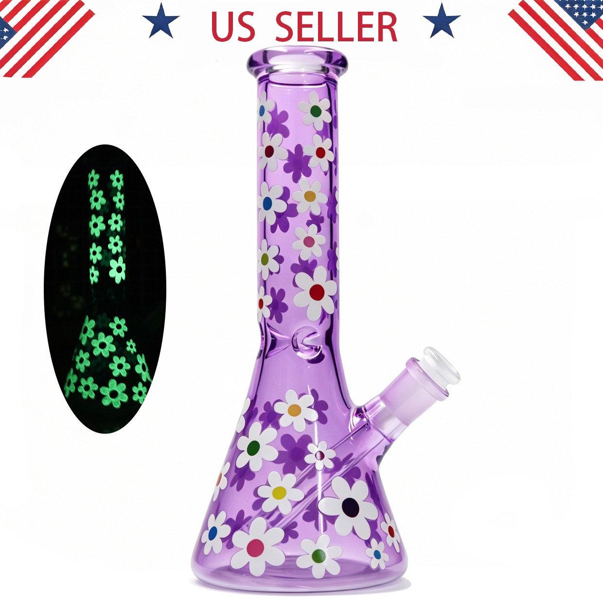 Fluorescent 10in Glass Bong Water Pipes Smoking Beaker bongs Hookah w/14mm Bowl