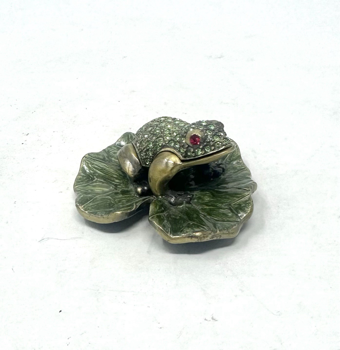 Green Rhinestone Frog Trinket Box On Lily Pad Metal With Enamel Small
