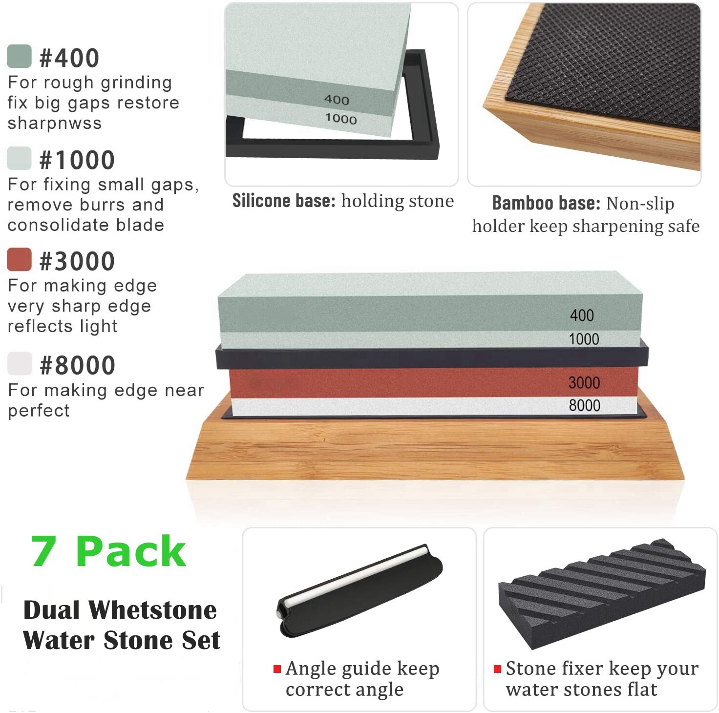 Whetstone Sharpening Stone Set Knife Sharpener 400/1000 3000/8000 Grit w/ Holder
