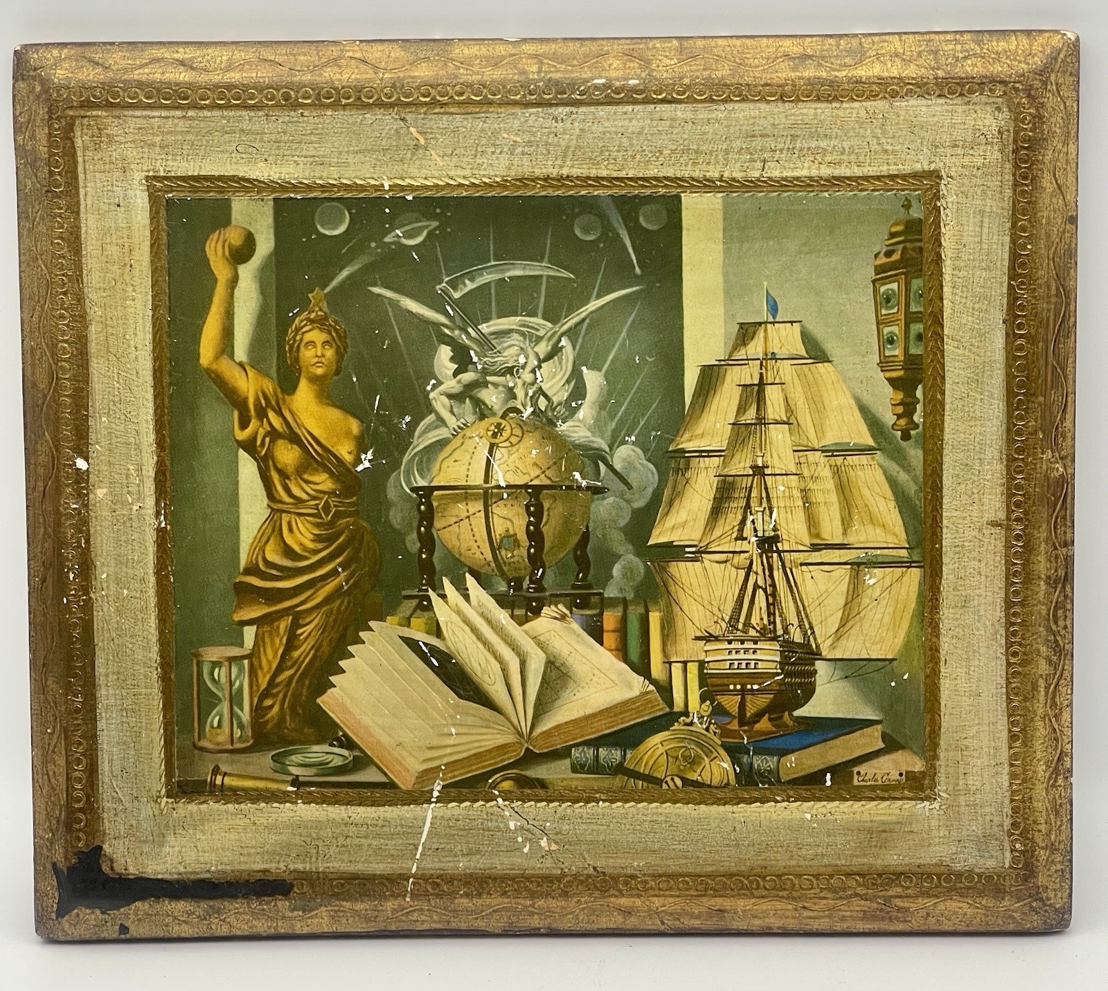 Italian Florentine Style Wall Plaque Framed Print Nautical Globe Book Ship