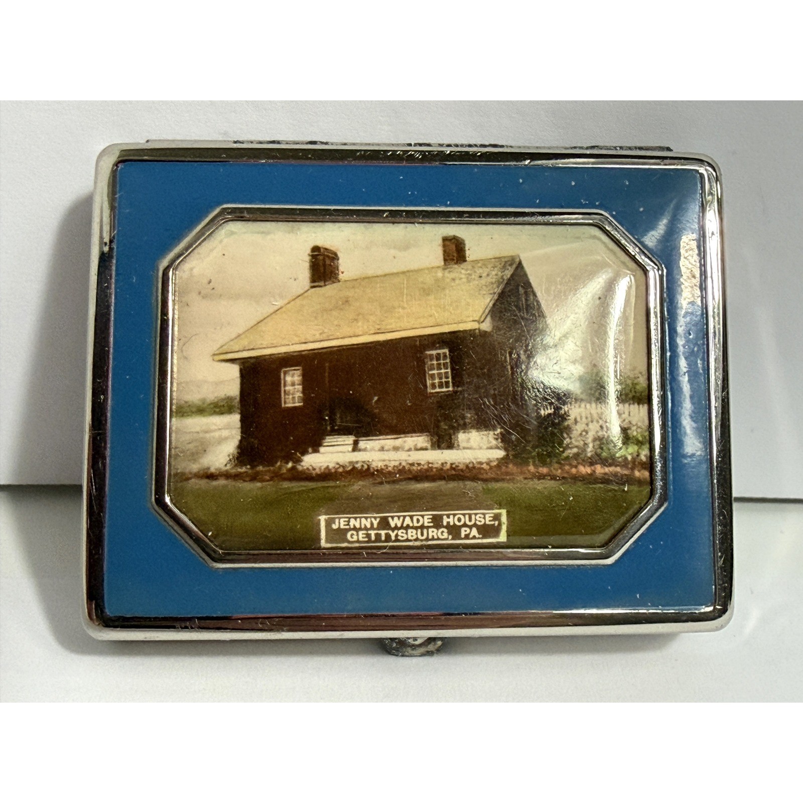 Vintage Jenny Wade House Gettysburg Souvenir Makeup Compact Silver Blue Enamel