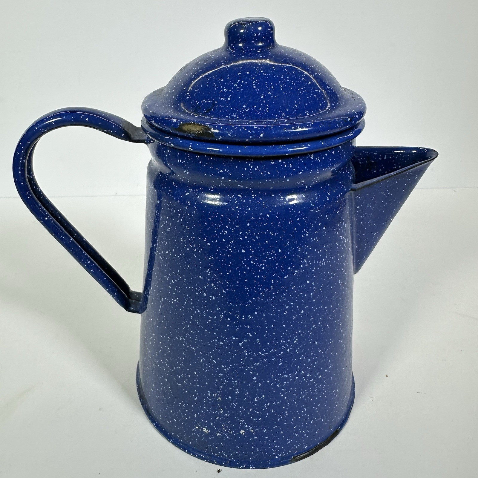 Vintage Blue Speckled Enamelware Percolator Coffee Pot Camping 7in with Basket