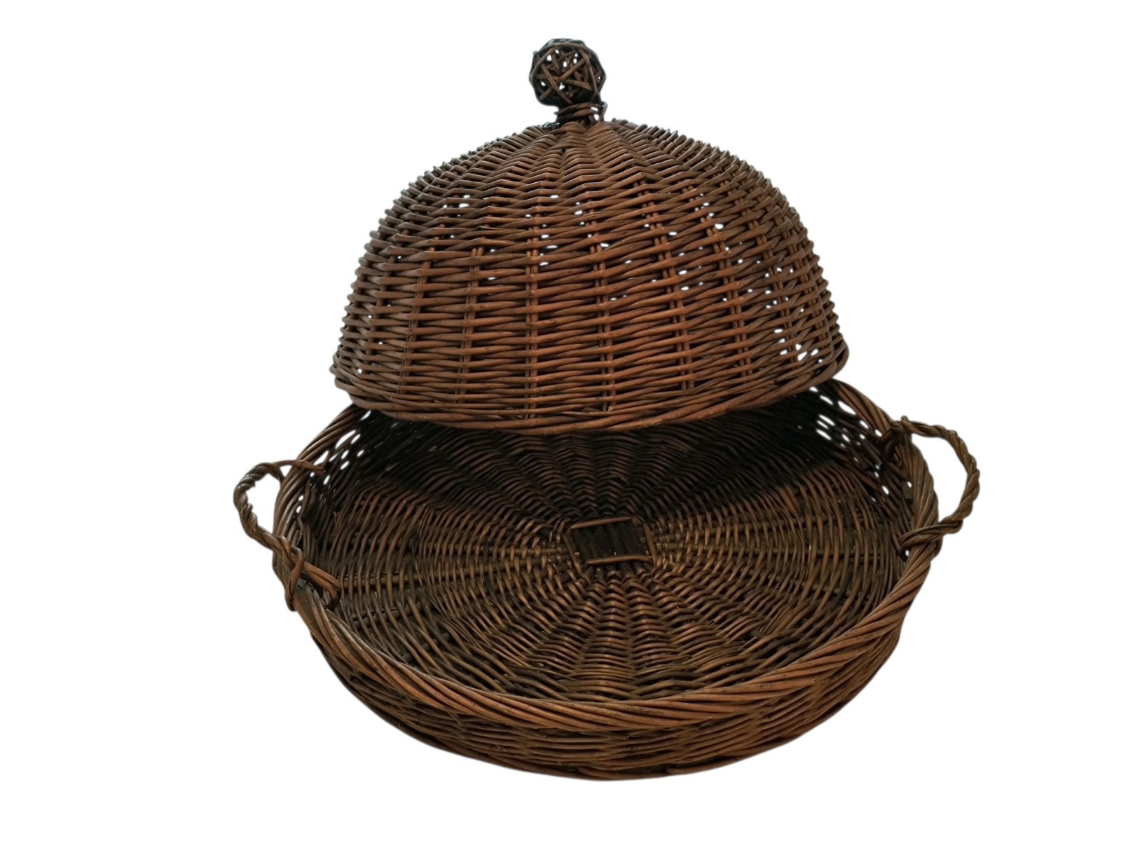 Vtg Large French Woven Rattan Food Basket Tray W/Cloche & Handles