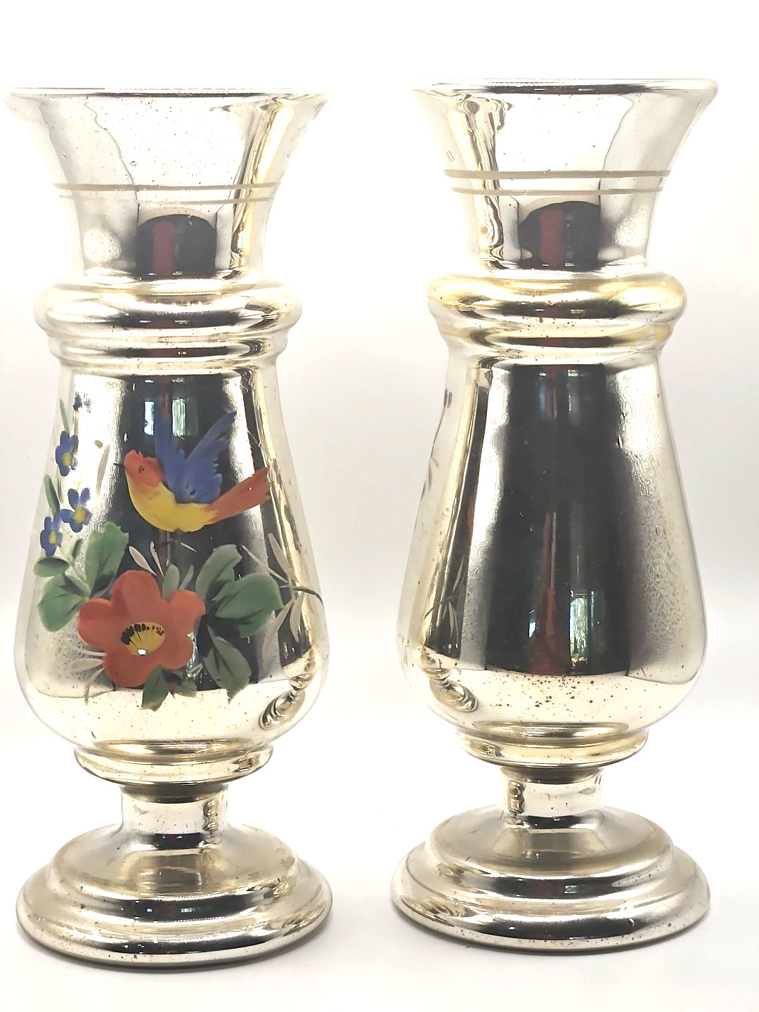 1886 Pair Antique Vintage Silver Mercury Glass vases w/Birds & Flowers 9″ tall