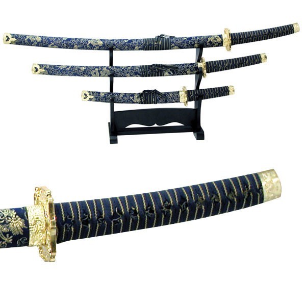 BladesUSA 3 PC Sword Set w/Display Stand & Cord Wrapped Handle-Wrapped Scabbard