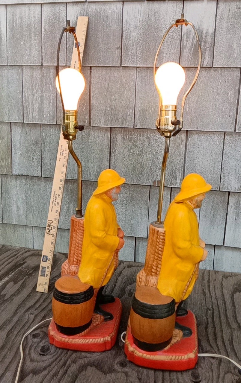TWO VTG V. RARE MATCHING CHALKWARE Sailors, Longshoreman, Dock Worker 30″ LAMPS