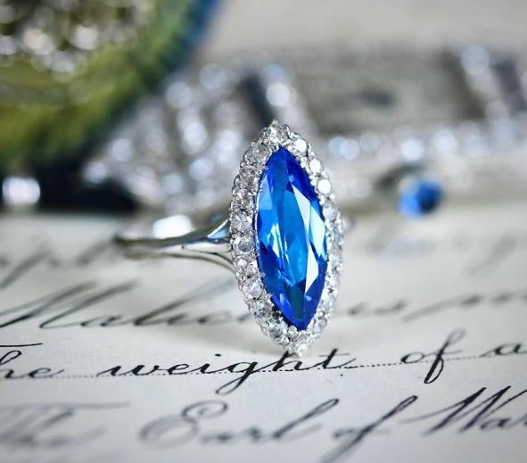 2 Ct. Vintage Art Deco Marquise Blue Sapphire Halo Engagement Ring 925 Silver