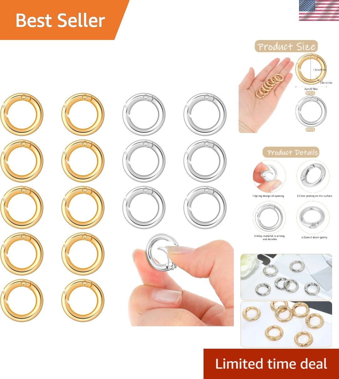 16 Pcs Spring O Ring Clip 1/2 Inch Silver round Snap Clip Key Rings for Keychain