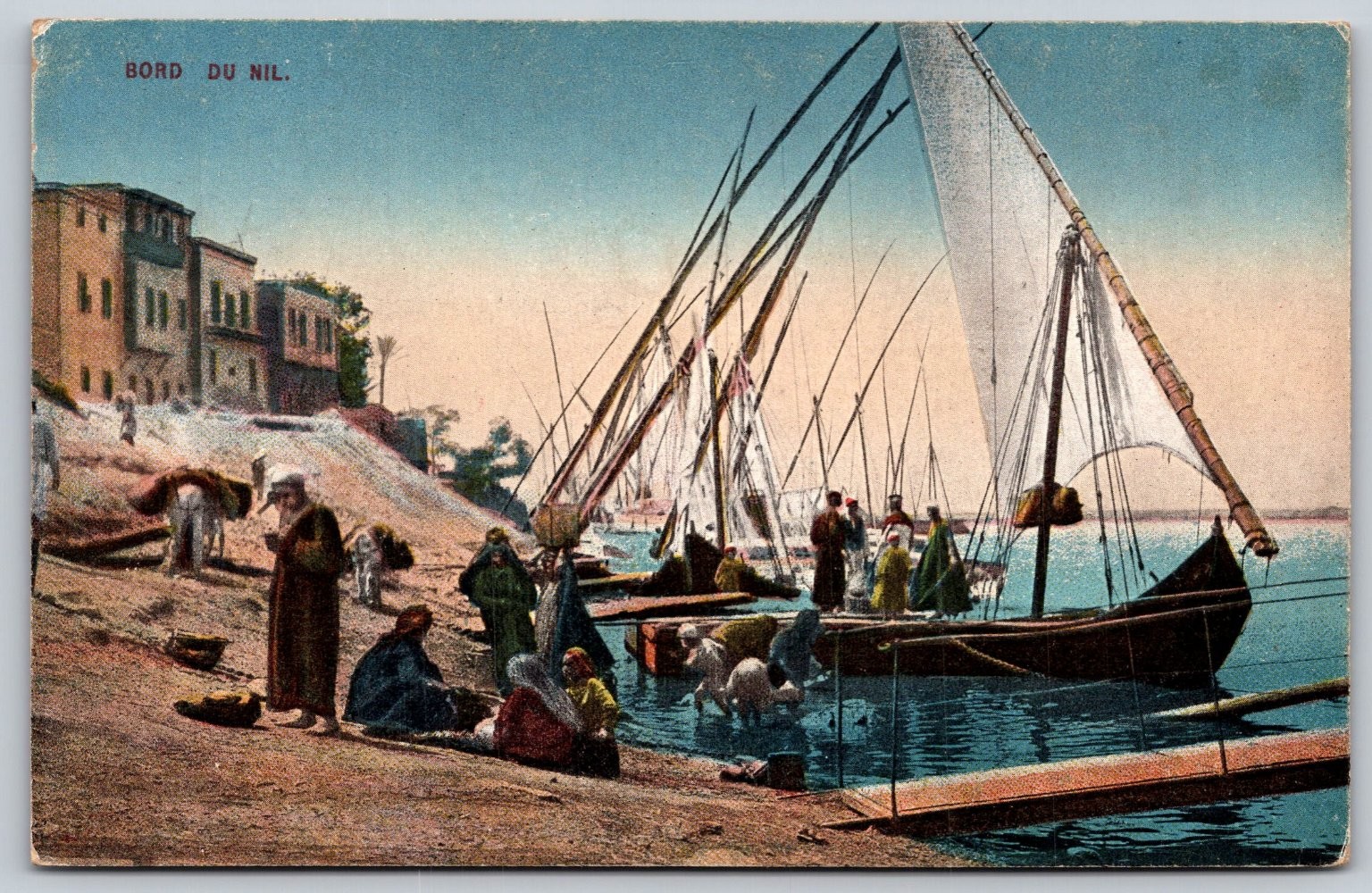 Vintage BORD DU NIL Egypt Nile River Feluccas & People Postcard C293