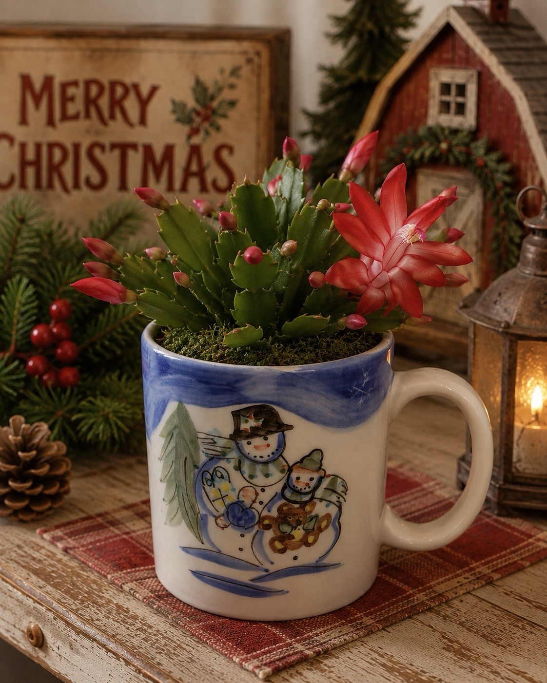 Handmade Upcycled Winterland Christmas Snowman Mug Planter Drainage Hole Y2K