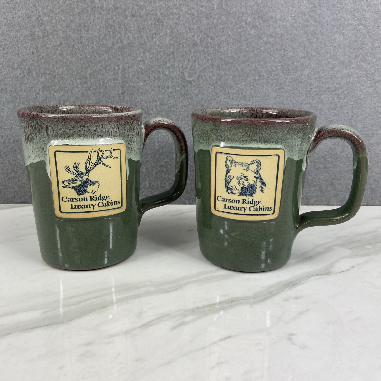 2 Deneen Pottery Carson Ridge Luxury Cabins WA Bear Elk Handthrown Green Mugs