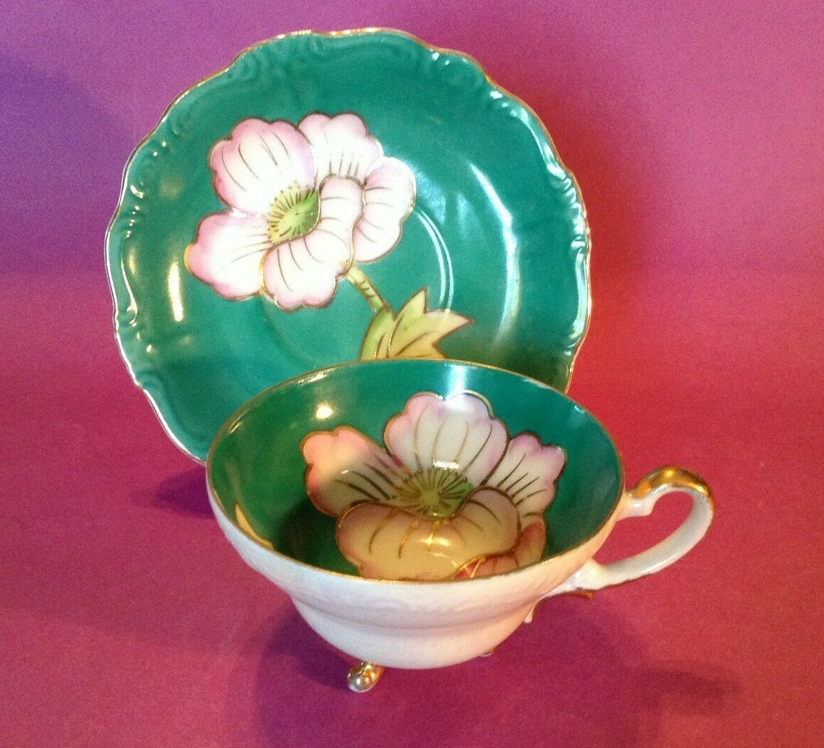 Footed Cup And Saucer – Green With Pink Poppy – Gold Accents – Japan