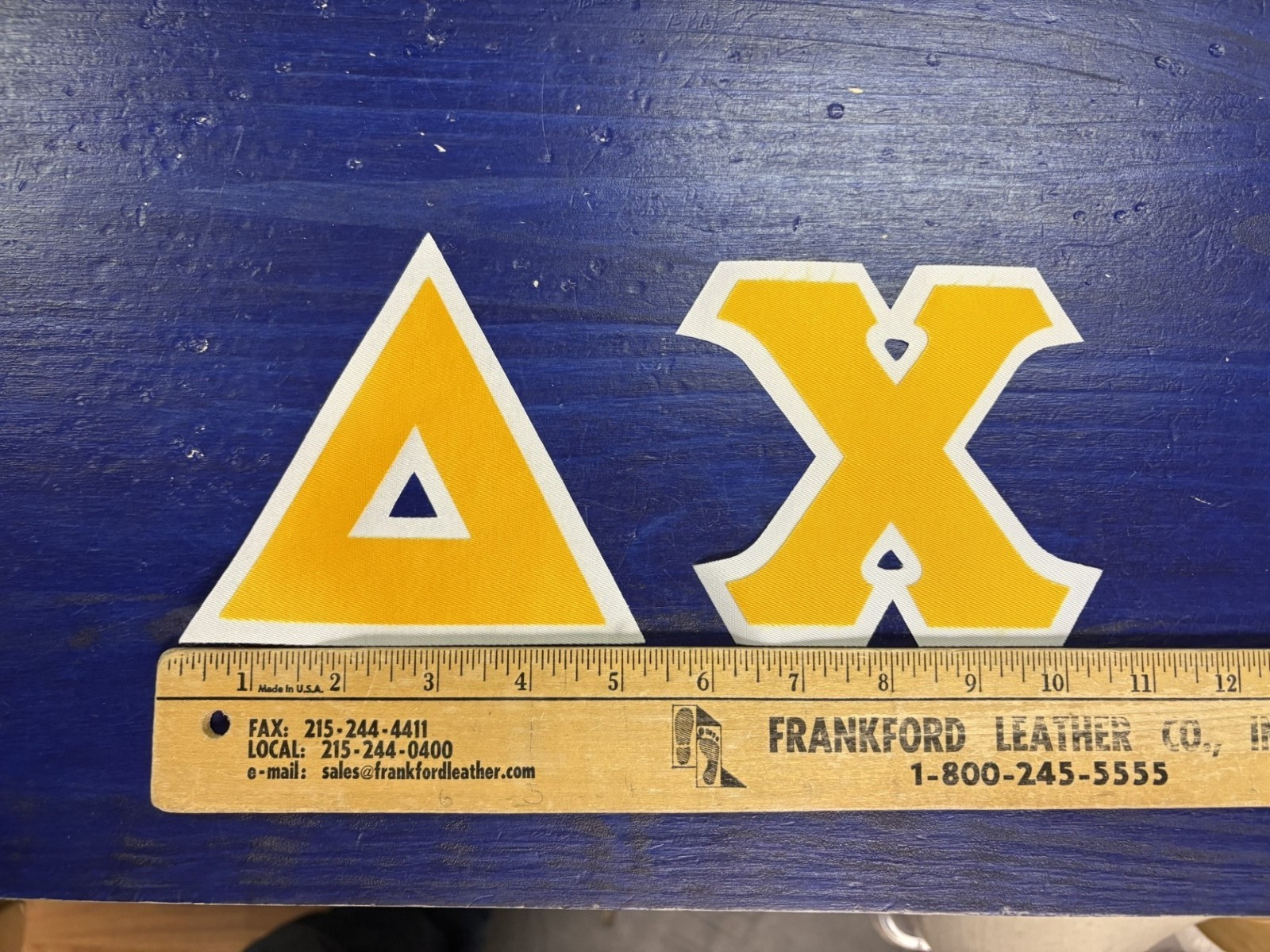 Delta Chi 4″ Greek Twill Sew On Letters Gold/White Adhesive Backing