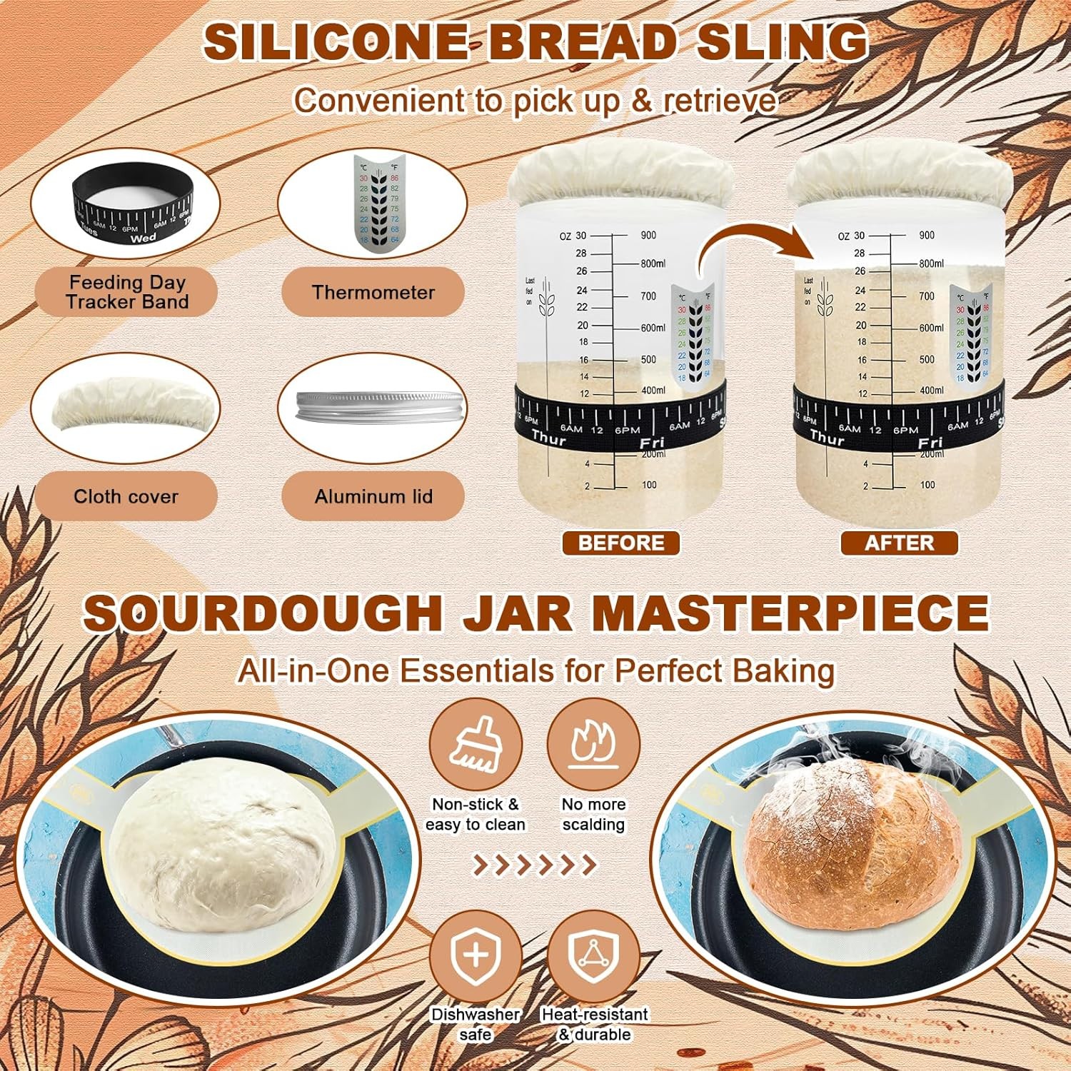 Sourdough Starter Kit,Sourdough Bread Baking Supplies, 9″ Round and 10″ Oval Ban