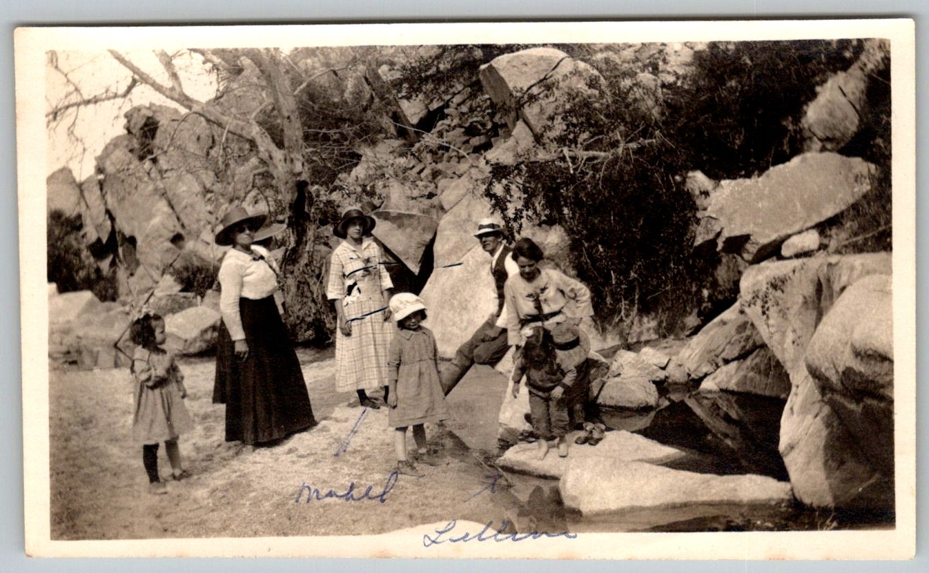 Vtg B&W Snapshot Family Group Women Men Children Outdoors Rocky Terrain 1920s