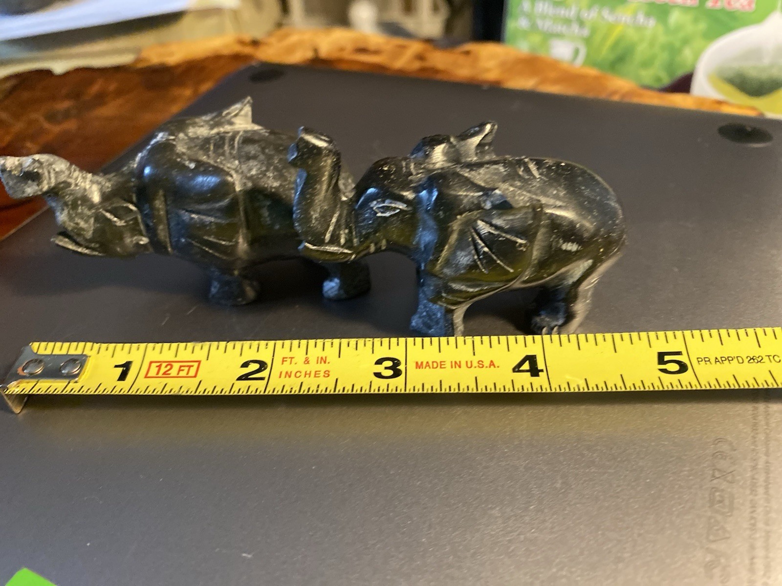 Black Stone Elephant Figurines Pair Lot of 2 Mini Carved Statue Sculptures