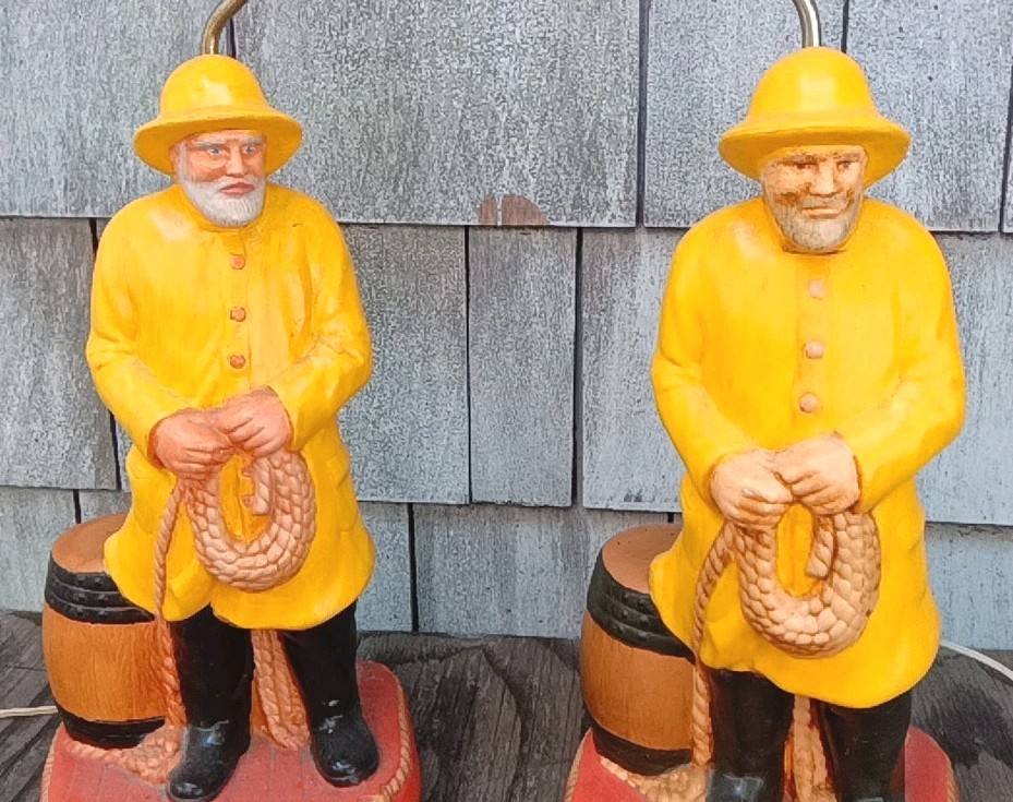 TWO VTG V. RARE MATCHING CHALKWARE Sailors, Longshoreman, Dock Worker 30″ LAMPS