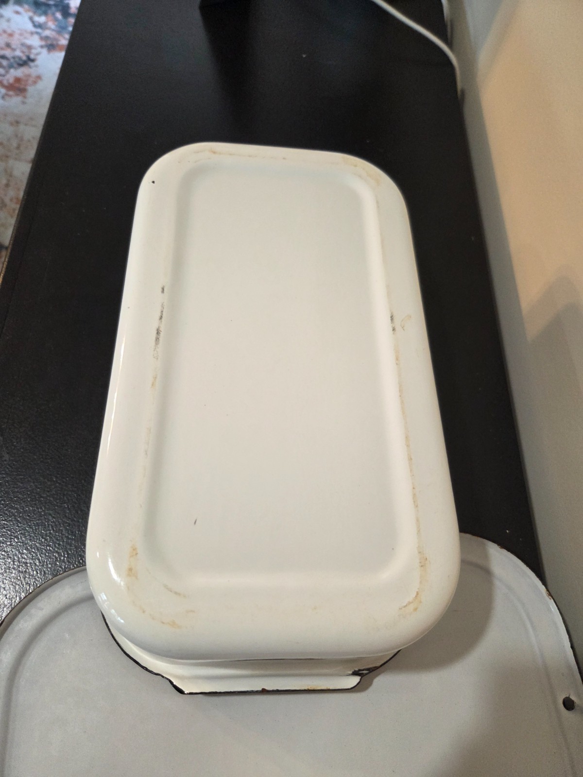Vintage White & Black Enamelware Rectangular Lidded Refrigerator Crisper