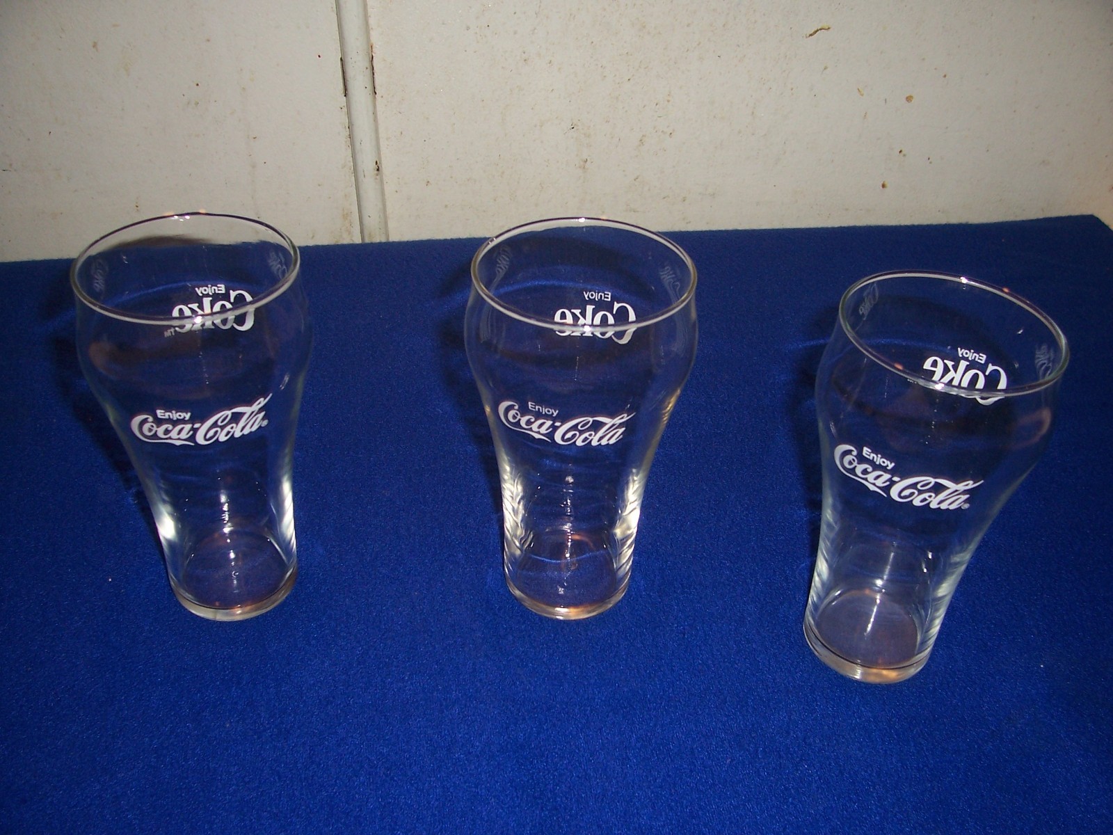 Vintage Coca-Cola Clear Glass Tumblers Set of 3 Enjoy Coke Flared Bell Shape 6″