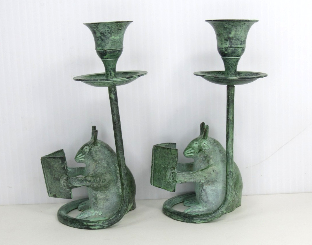 RARE Vtg Bronze Mouse Read Book Candlestick Holder Archana Green Oxidized Patina