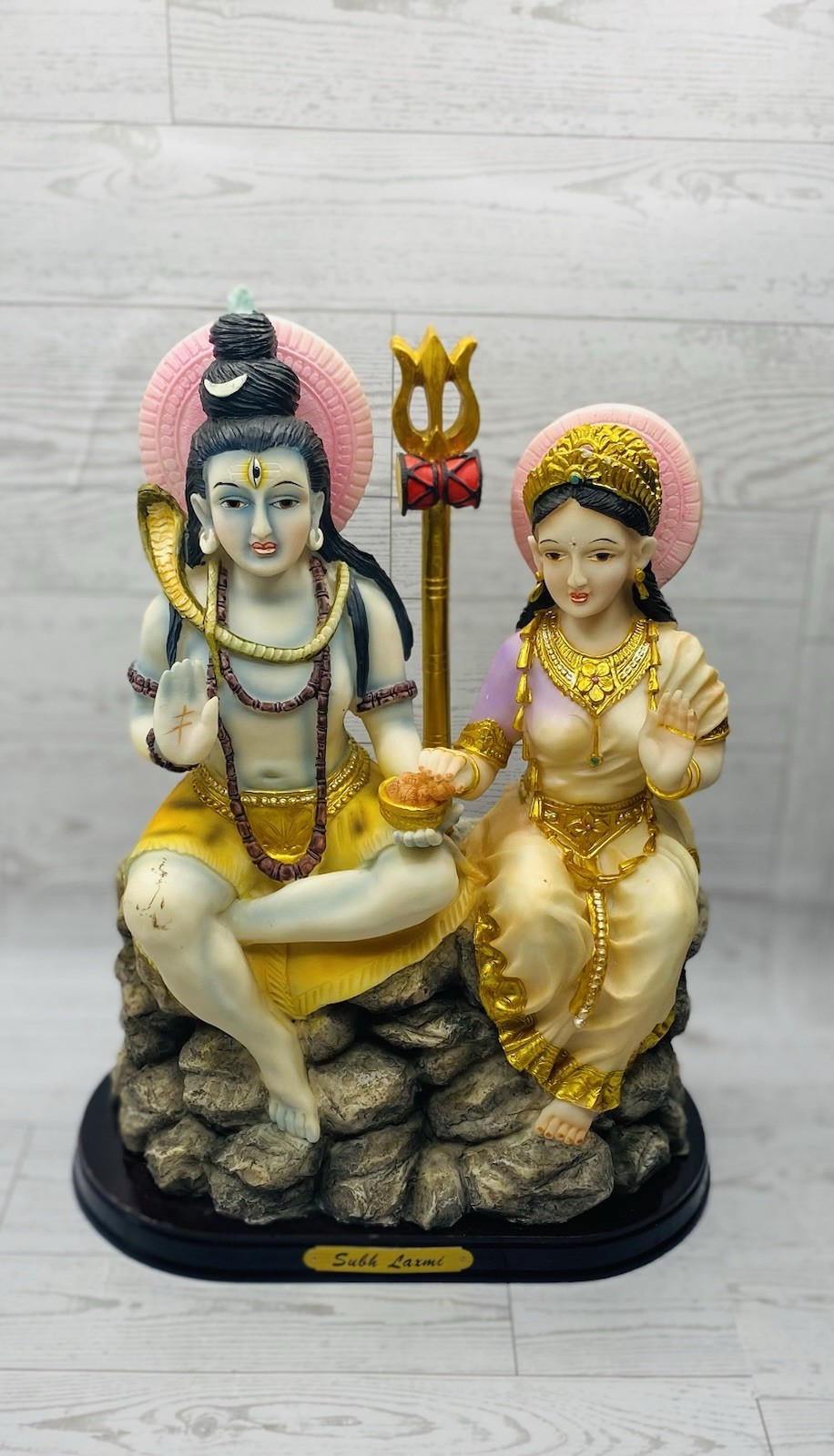Hindu Gods Shiva Parvati With Trishul- Subh Laxmi 12” Resin Figurine *Damaged