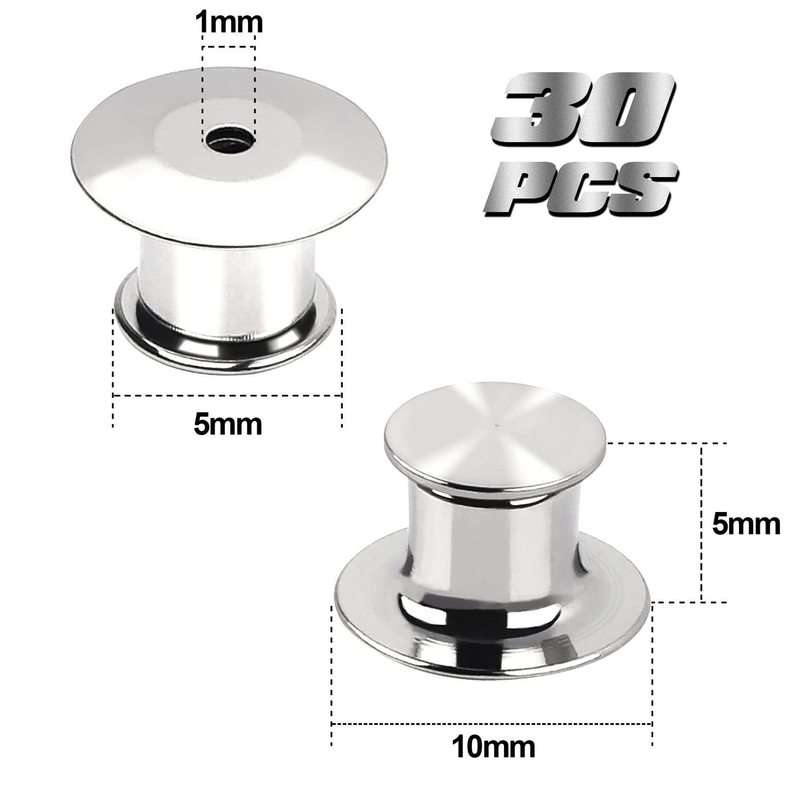 30 Pieces Metal Pin Backs Locking 1 cm diameter, 0.6 height, Silver