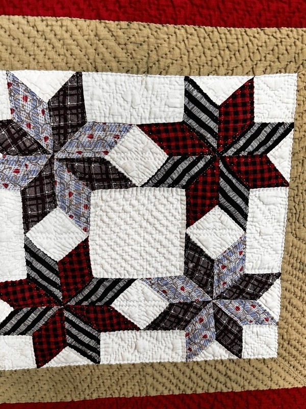 antique quilt patchwork stars red gold and white 69 x 87 print back original