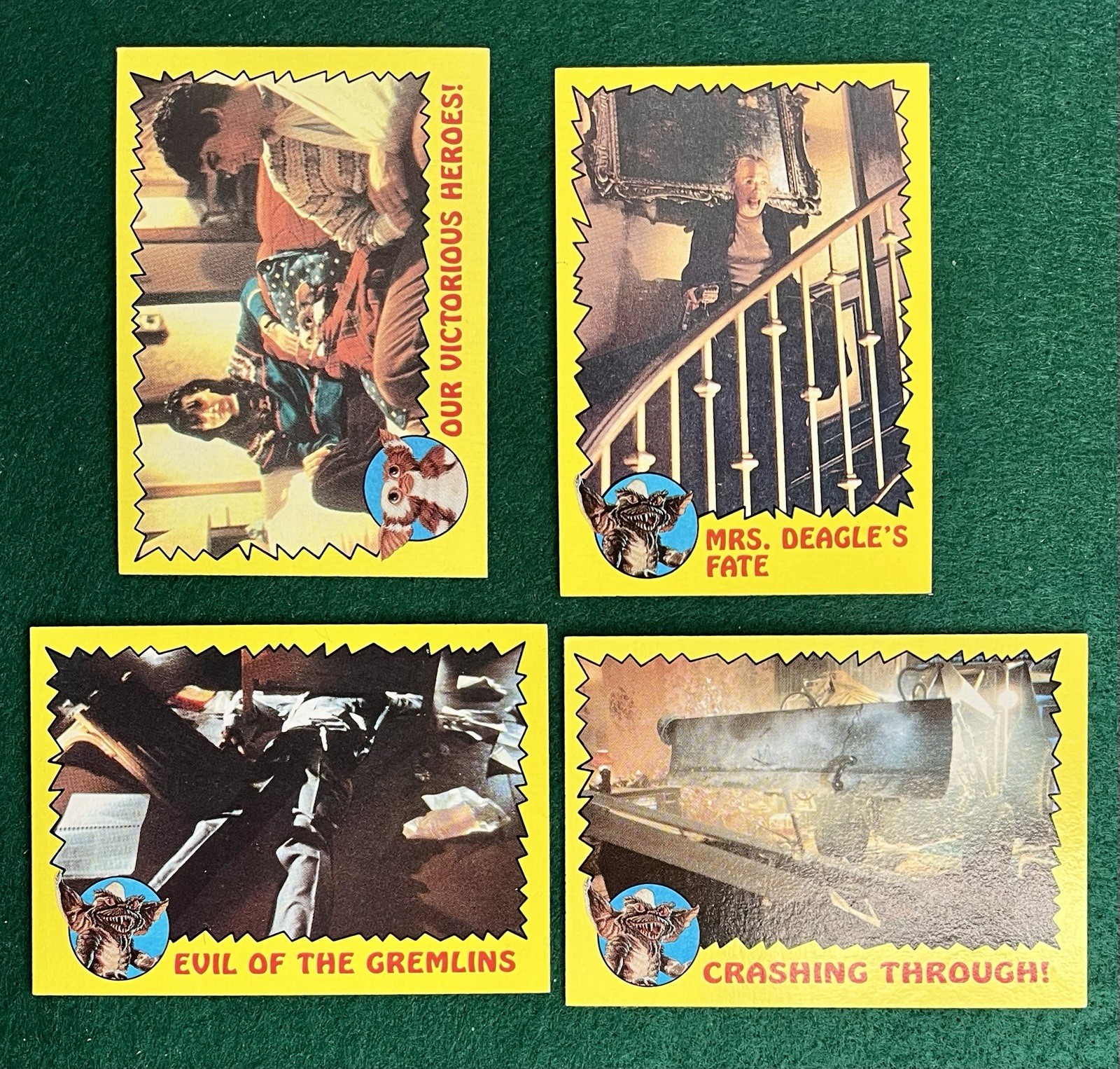 1984 Gremlins Trading Cards (4) from Warner Bros Incl. Classic Mrs Deagle Scene