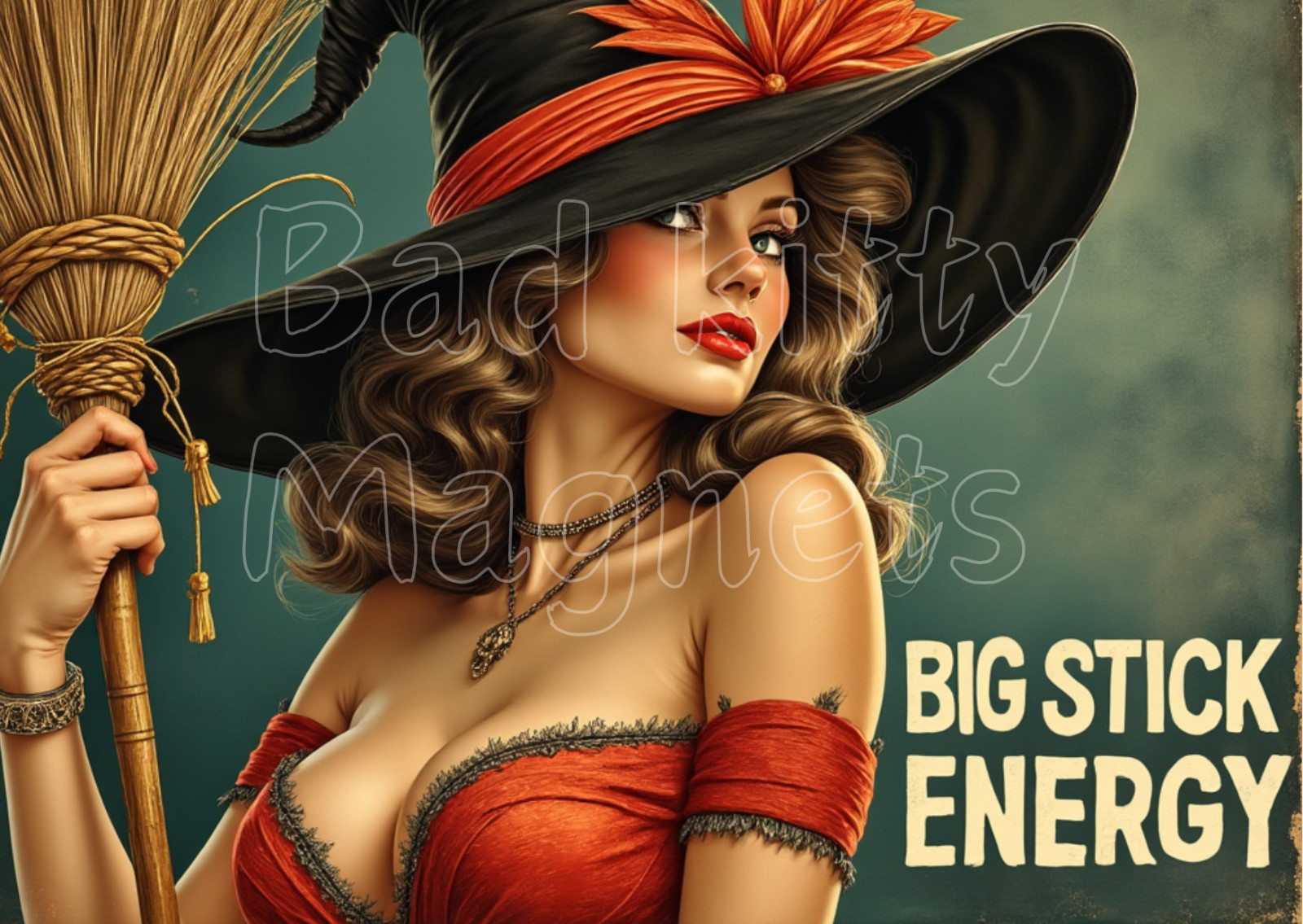 Retro pin up witch big stick energy High Quality Metal Magnet 3 x 4 inches 660