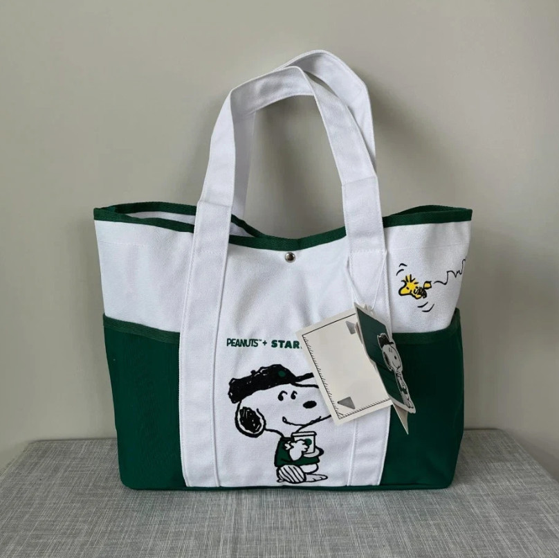 NEW Starbucks x Snoopy Peanuts Tote Bag White Green Shoulder Bag Limited NWT