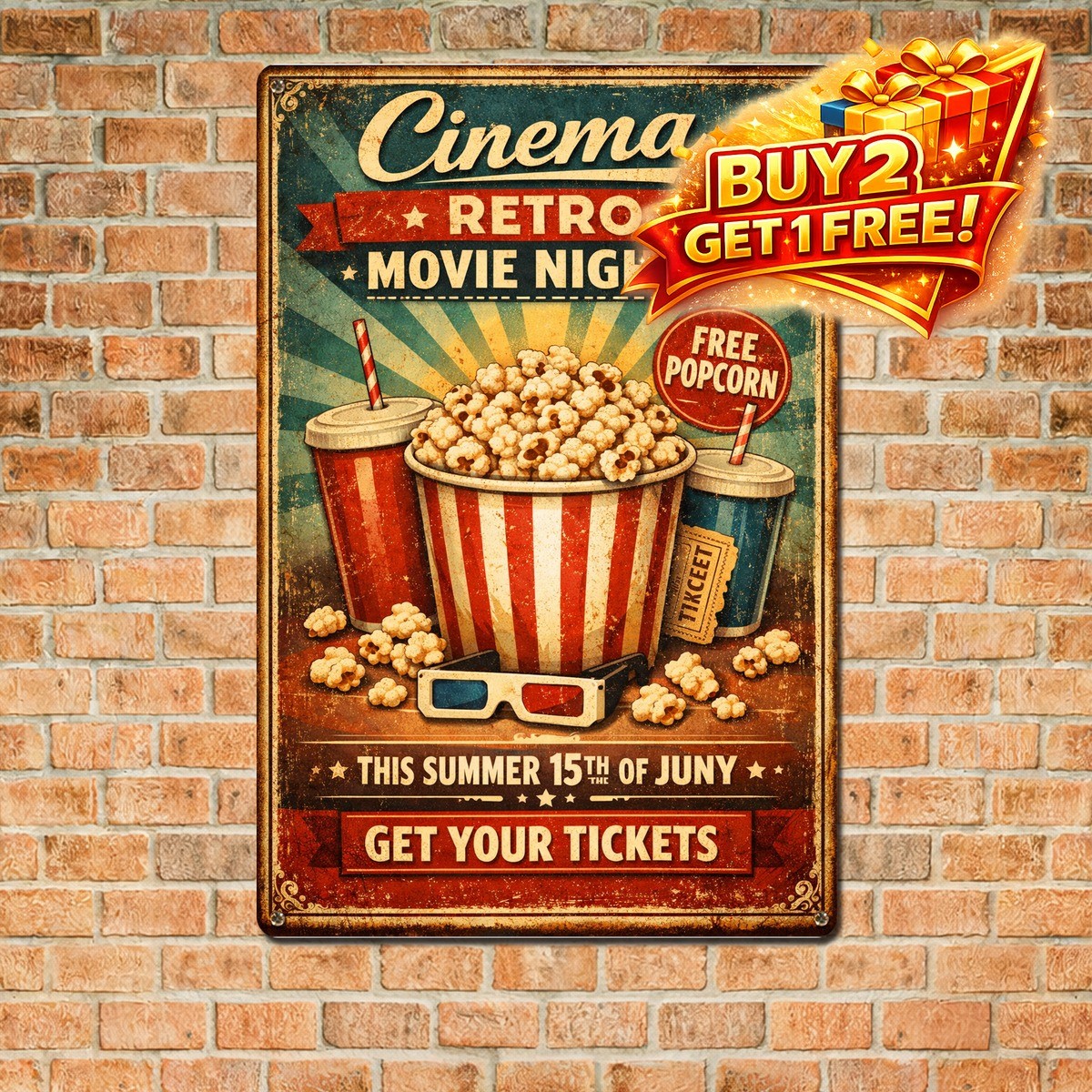 Vintage Retro Cinema Movie Nights Wall Art 8×12 Inch Tin Metal Sign