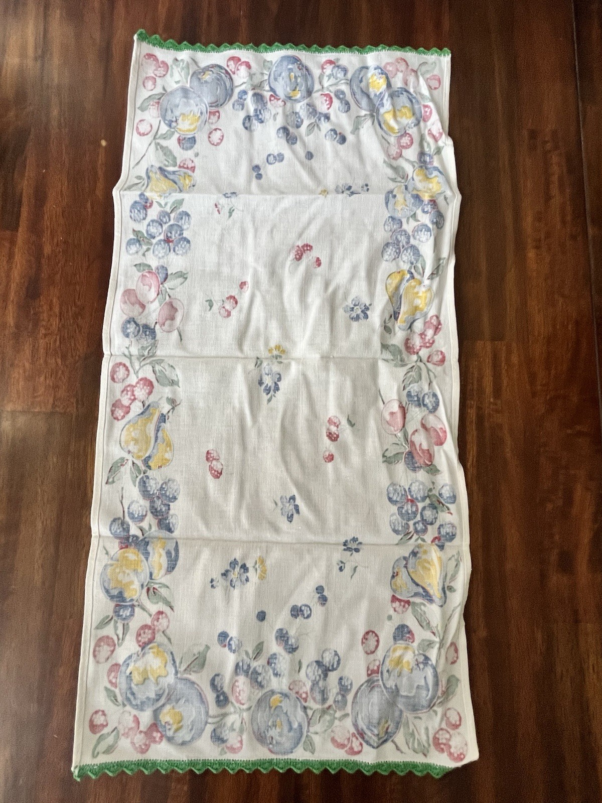 Vintage Show Towel/Kitchen Towel Small Table Runner Crocheted Edges Fruit Teapot
