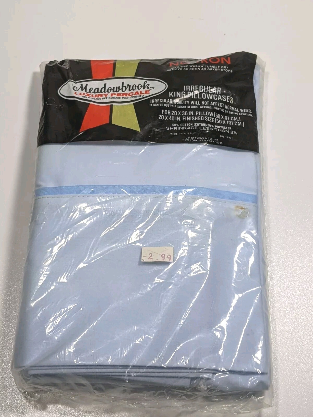 Meadowbrook Luxury Percale Lt Blue Irregular King Pillowcases NOS 20″ x 40″ NOTE