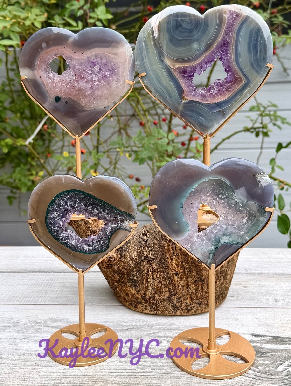 Wholesale Lot 4 Pcs Natural Amethyst Agate Heart Crystal W/stand Healing