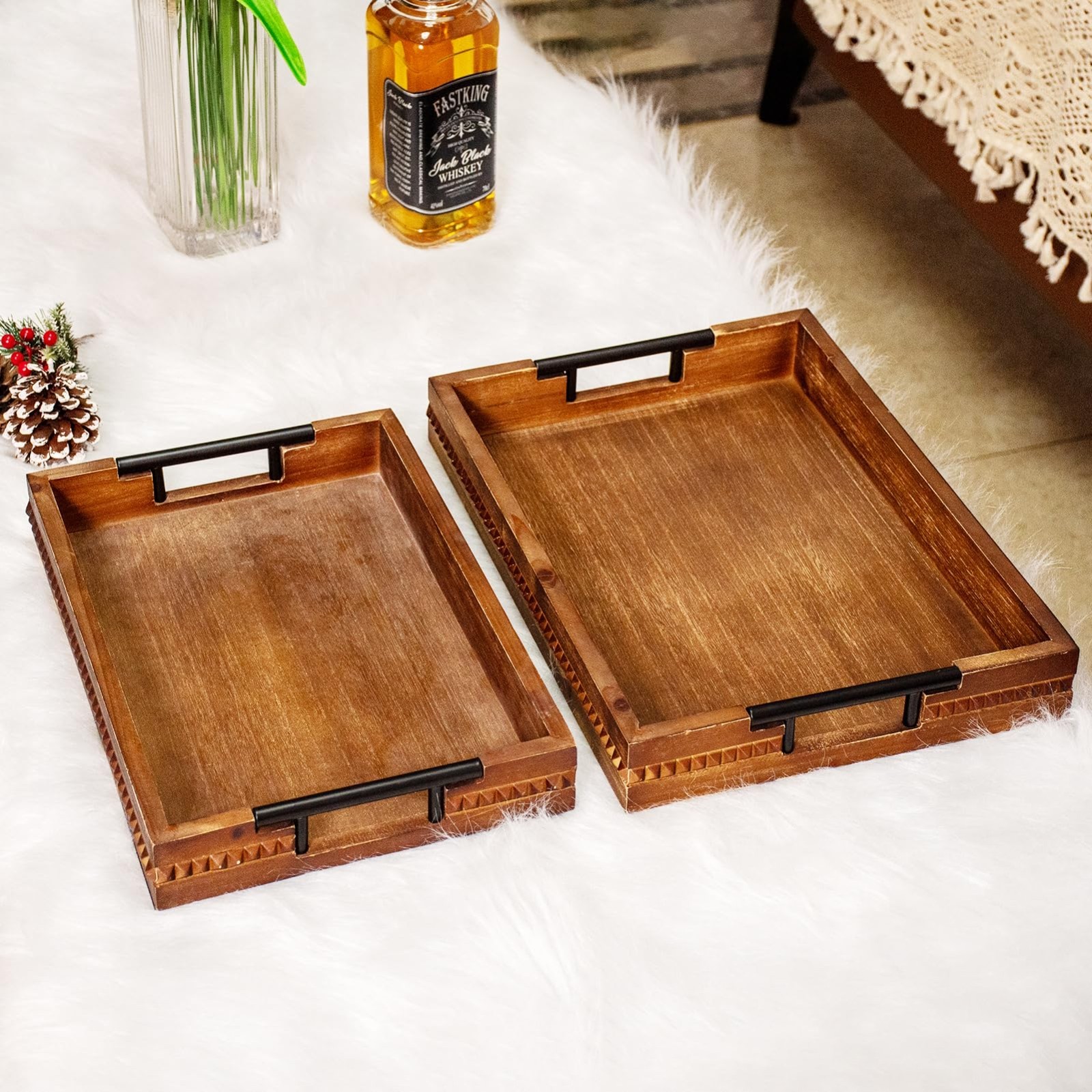 Vintage Wooden Serving Tray with Metal Handles, Beaded Edge Decorative Tray