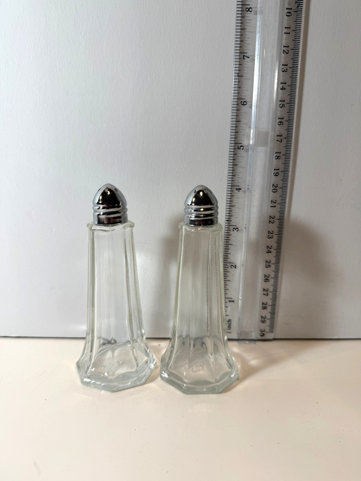 Eiffel Tower Shape Salt Pepper Shakers Stainless Steel Caps Clear Glass Tall