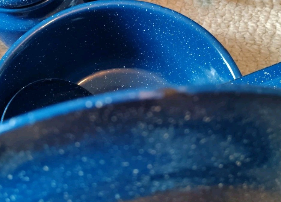 18 pc Vintage Blue and White Speckled Enamel Ware