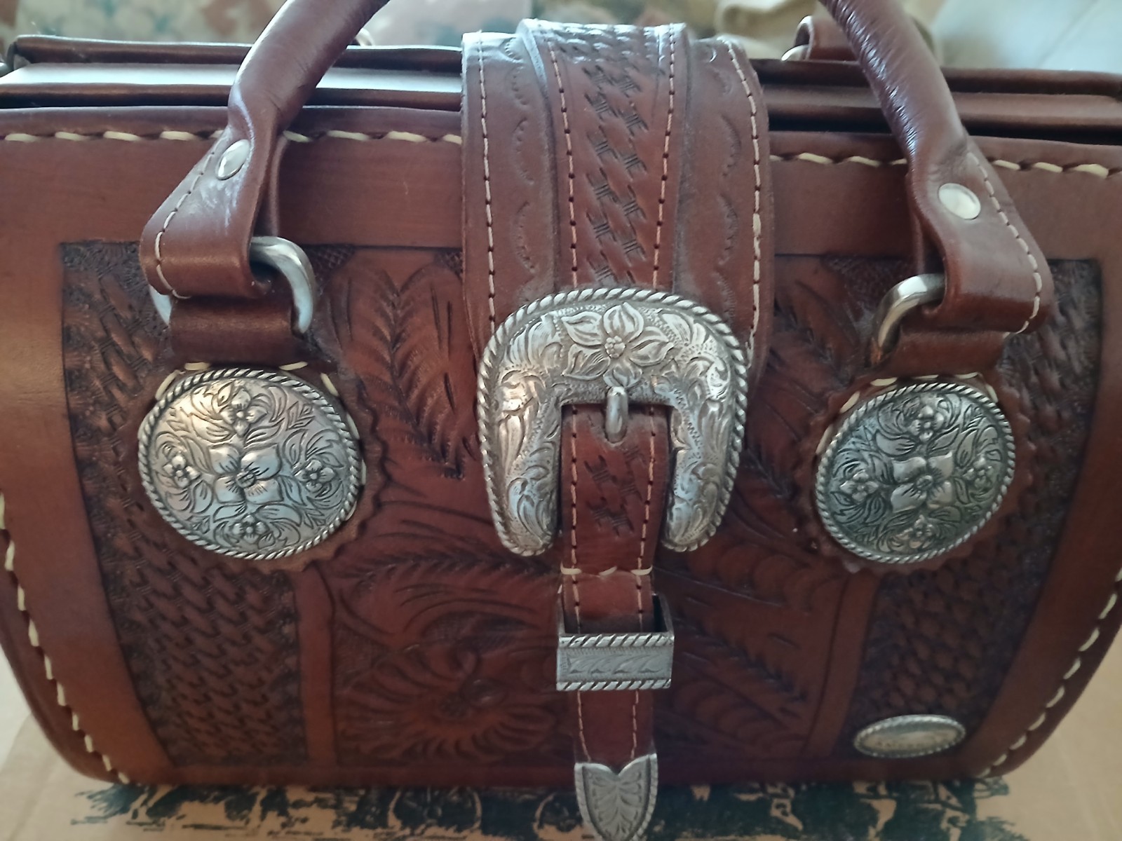 2003 American West tooled leather handbag, new in box