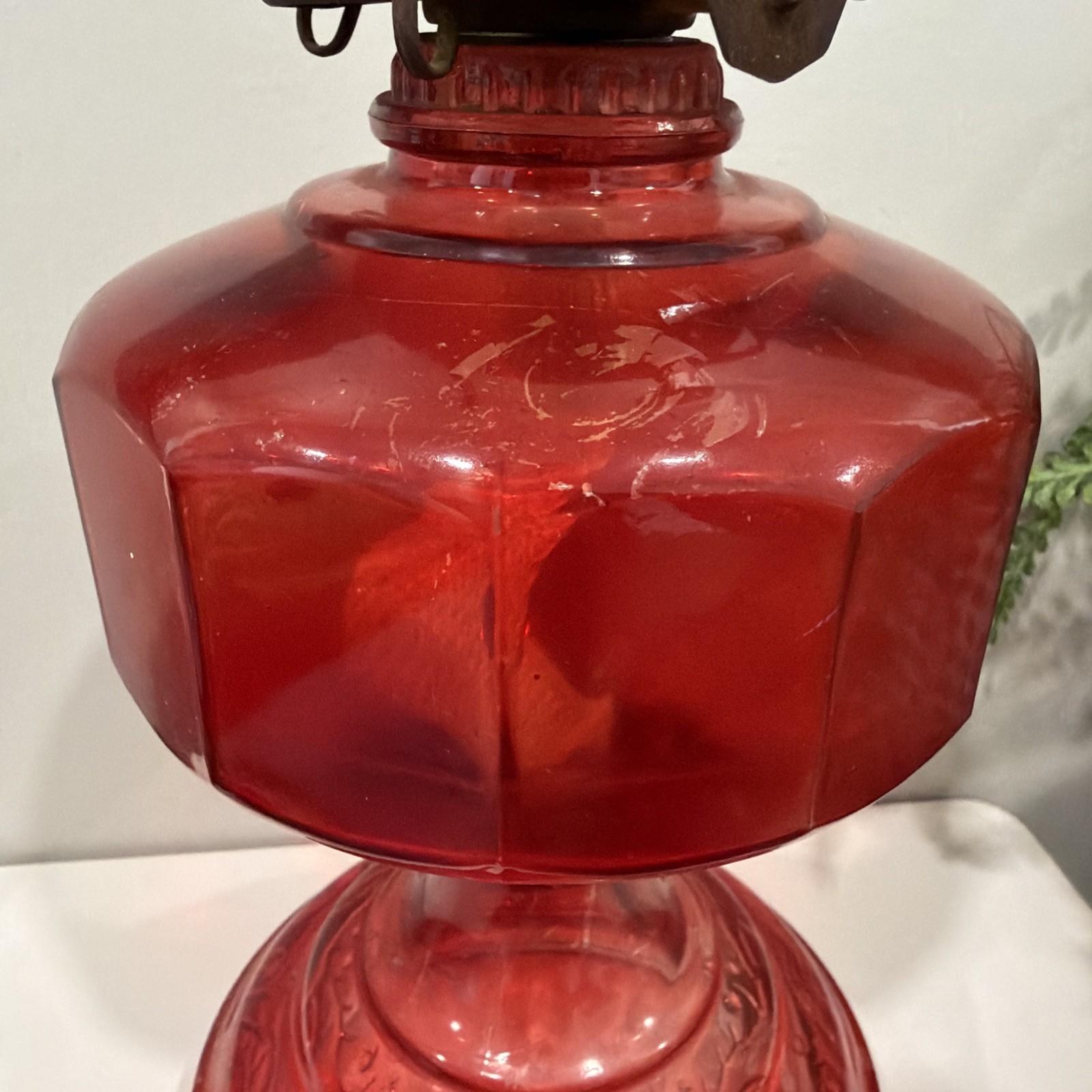 Vintage red embossed glass kerosene oil lamp w metal burner