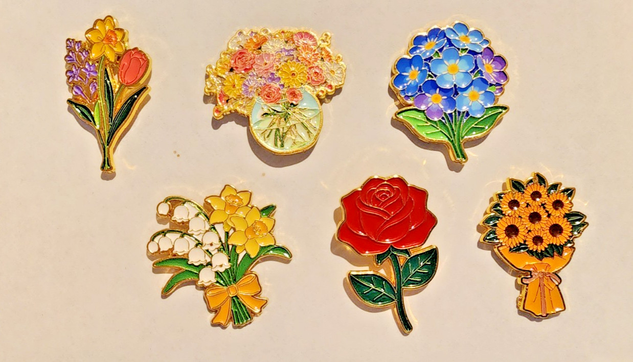 Set Of Six Colorful Flower Brooch Lapel Hat Pins