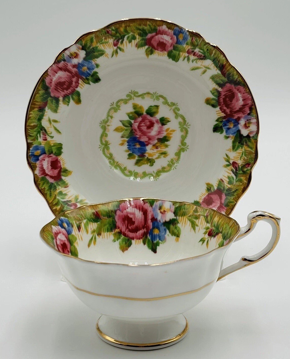 1950s Paragon Tapestry Rose Bone China Teacup Saucer Set Double Warrant