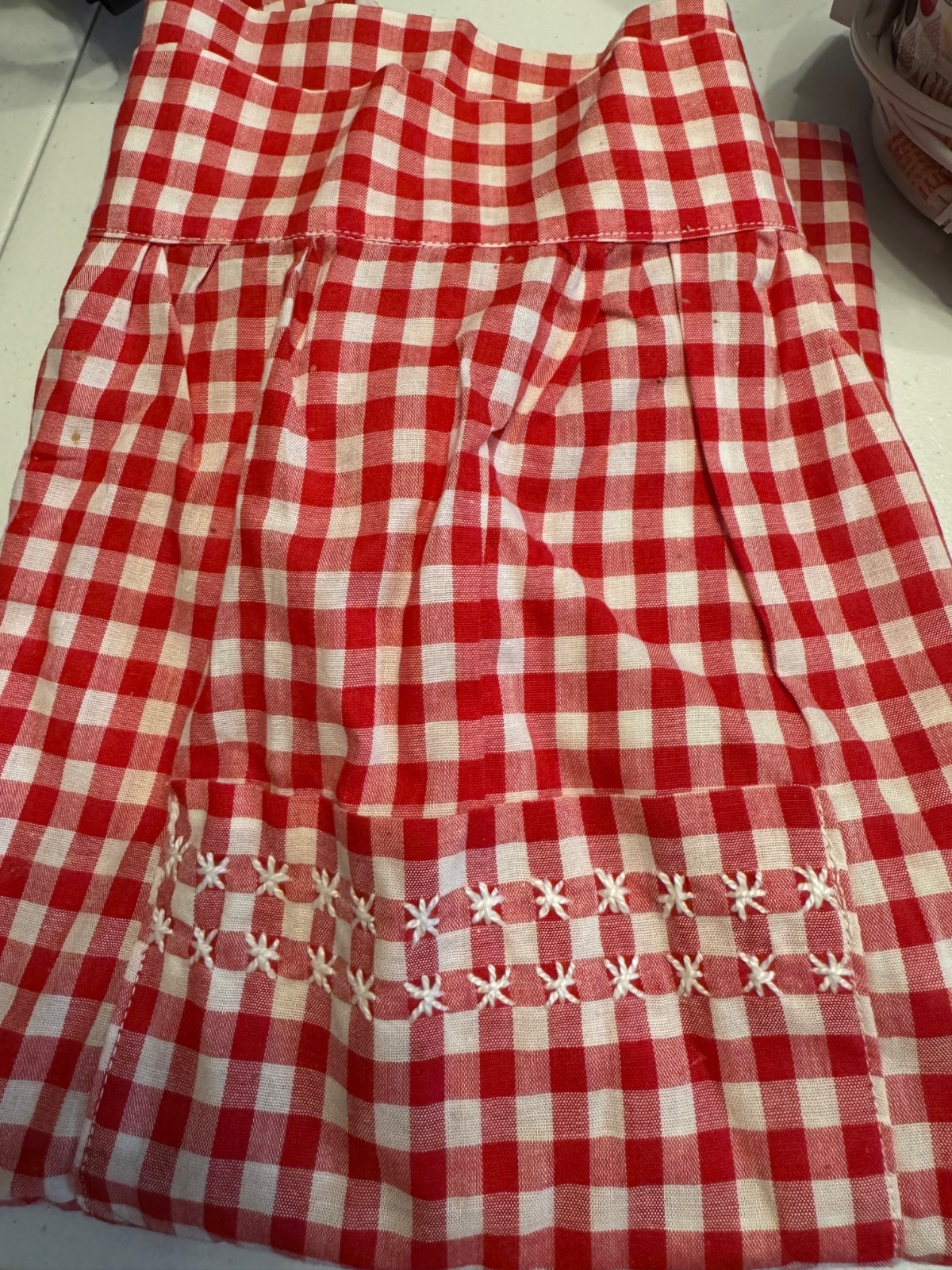 Vintage Red Gingham Half Apron Handmade Smocked Waist Pockets Tie Back Farmhouse