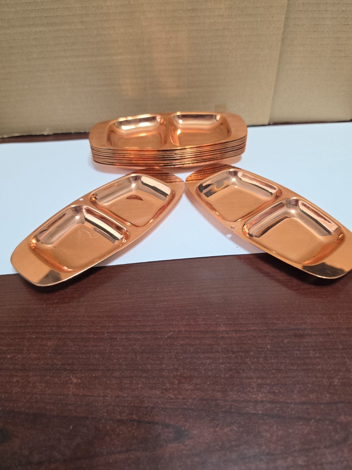 Copper Toned Metal Serving Appetizer Trays Set of 12. 3 Have A Bit Of Tarnish
