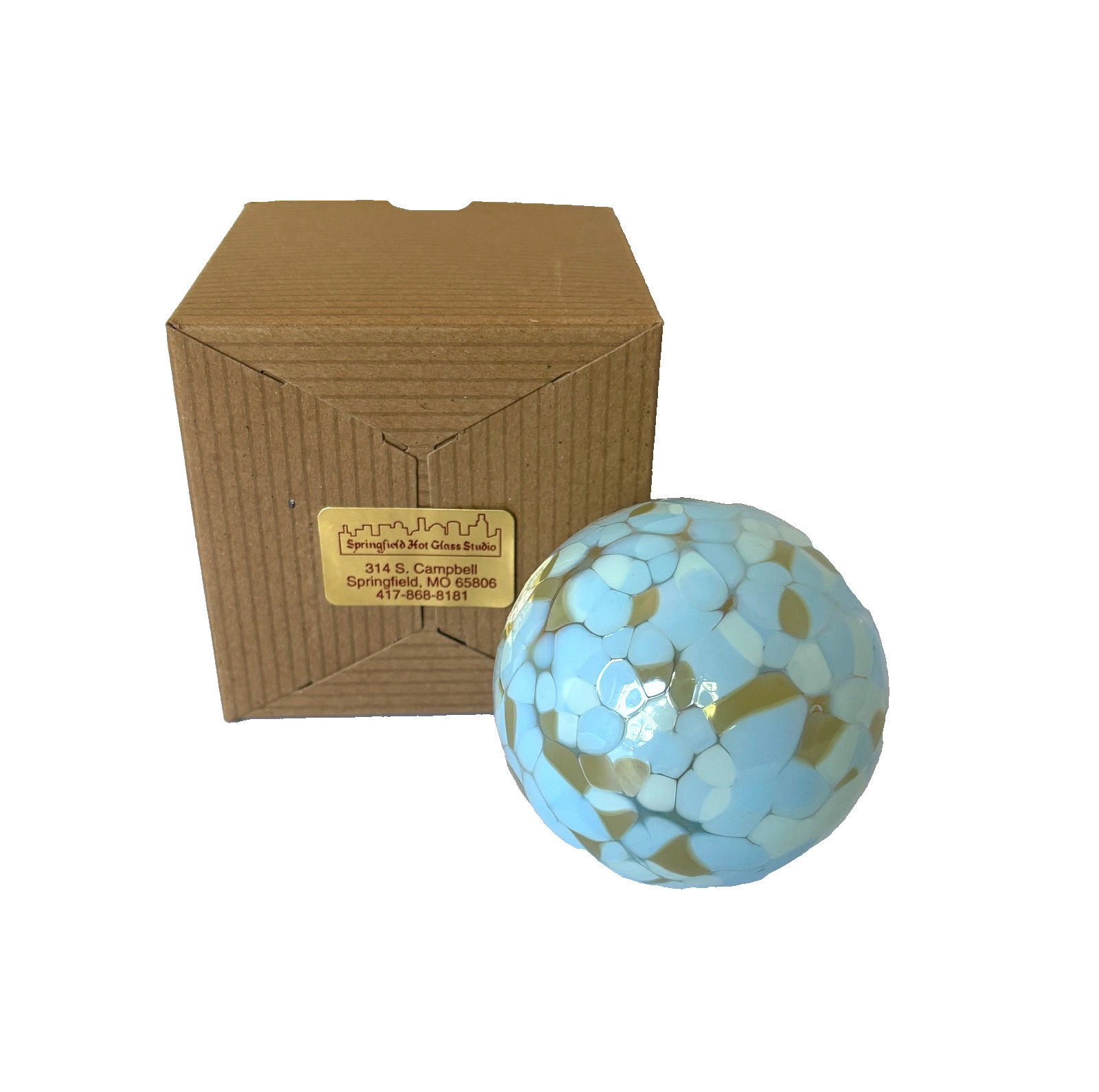 Hand Blown Art Glass Ball Ornament Gazing Witch Friendship Orb Blue White Mosaic